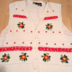 "Ugly" Poinsettia Christmas Sweater Vest Women’s Size Med. Beaded & Embroidered